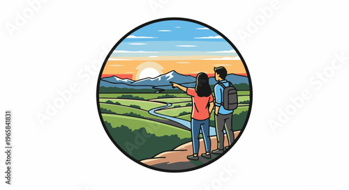 Couple on a scenic overlook observing a valley at sunset