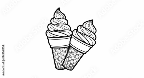 Two line art ice cream cones with swirled tops