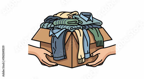Two hands hold a cardboard box overflowing with folded clothes