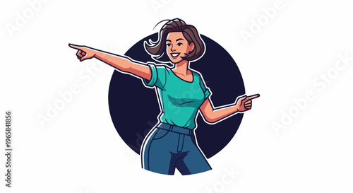 Confident woman in casual attire, pointing left and right