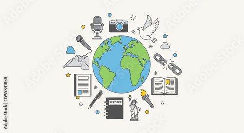 Earth Globe Surrounded by Global Communication, Peace, and Journalism Icons, Representing Worldwide Information and Connection in Bright Studio