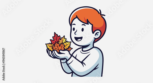 Cheerful child holding a pile of colorful autumn leaves