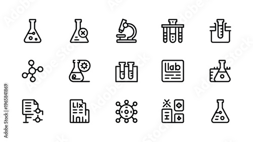 A collection of black and white line icons representing various scientific laboratory equipment and concepts