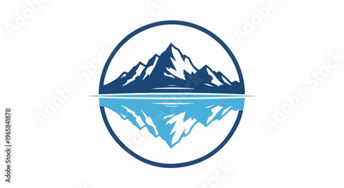 Circular graphic depicting snow-capped mountains reflected in calm water