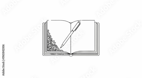 Open book with decorative corner and a pen rests on the page