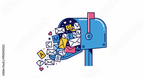 Overflowing blue mailbox with letters and alphabet blocks spilling out