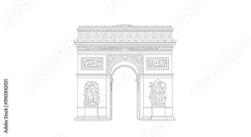 Iconic Arc de Triomphe in Paris, Famous French Landmark Line Art, Isolated White Background