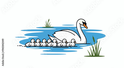 Cartoon swan and ducklings swimming together on a blue pond with reeds