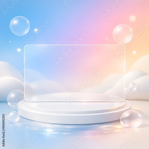 Pastel abstract background with podium, bubbles, floating transparent frame, and glass morphism dreamy design.