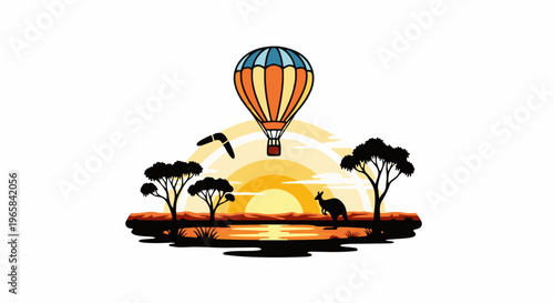 Hot air balloon floats above Australian outback at sunset with kangaroo