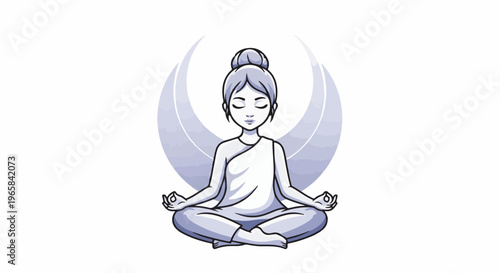 Woman in lotus pose with crescent moon backdrop, calm and serene