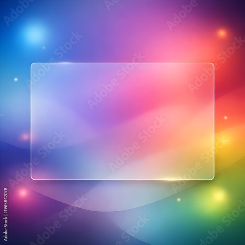 Colorful gradient abstract background with glowing light spots, transparent frame, and glass morphism design.