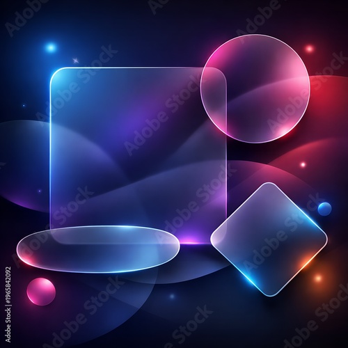 Abstract digital composition with neon glowing geometric shapes, dark gradient background, and glass morphism luminous design.