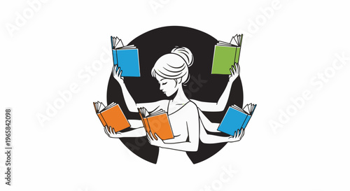 Woman with multiple arms reading many books