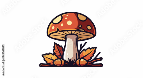 Cartoon mushroom with fall leaves and acorns