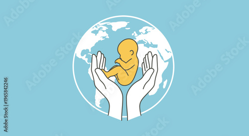 Protecting Global Child Health Fetus in Caring Hands over Earth Globe, light blue background