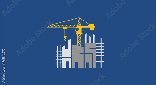 Yellow crane and abstract buildings under construction on blue background