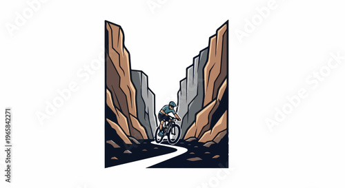Cyclist rides through a narrow canyon with steep, rocky walls