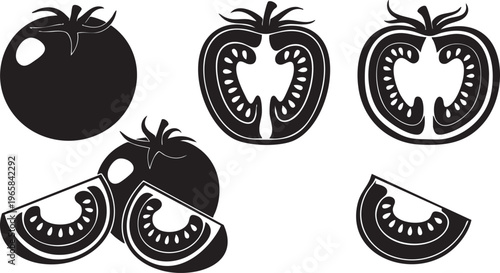 Black and white tomato in various sliced and whole forms tomatoes fruit vegetables