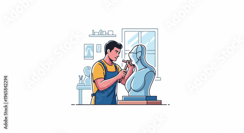 Artist carves a bust in a studio with a window and shelves