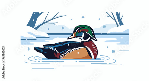 Colorful duck floats on water amidst snowfall and bare trees