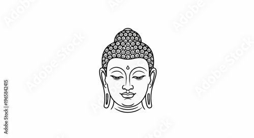 Black and white outline of a serene Buddha face with intricate hair curls