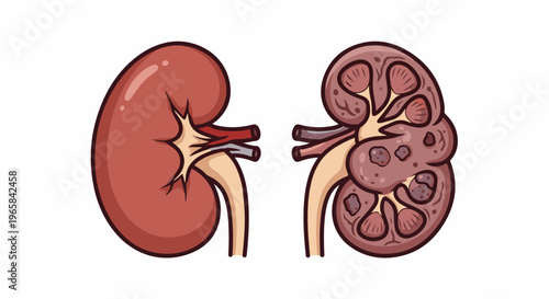 Illustration of healthy and diseased kidneys with vessels