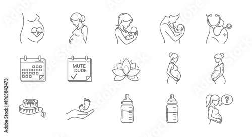 Collection of Pregnancy and Maternity Line Icons on isolated white background