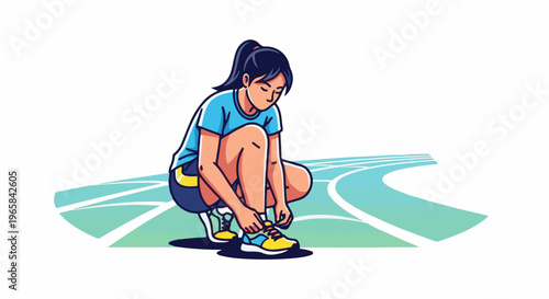 Athletic woman crouches to tie running shoe on track, focused