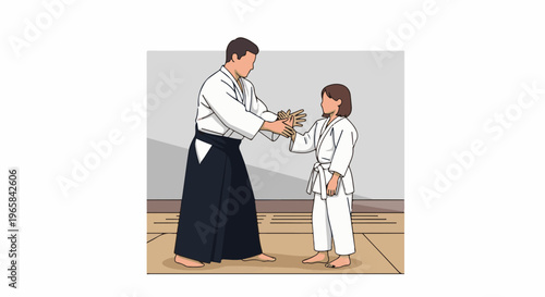 Male instructor guides young female student in martial arts training