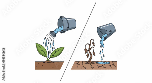 Split scene healthy plant watered versus wilted plant neglected