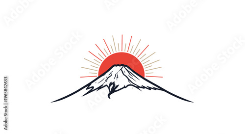 Majestic Mountain Peak with Rising Sun and Rays, Iconic Nature Landscape on Isolated White Background
