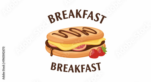 A stacked breakfast sandwich with strawberries and chocolate drizzle