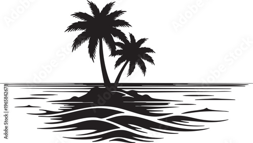 Black silhouette of two palm trees on a small island
