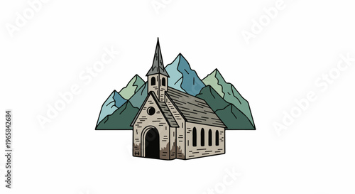 Stone church with steeple nestled against a backdrop of green and blue mountains