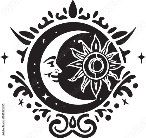 A mystical black and white illustration featuring a crescent moon with a face and a radiant sun