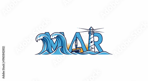 A stylized lighthouse and boat in blue letters on ocean waves