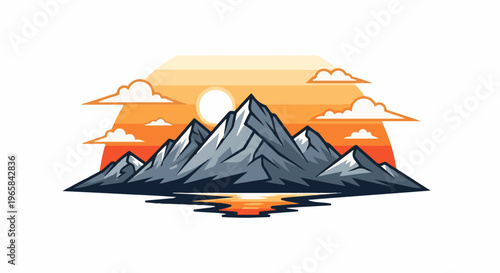 Pixelated mountain range reflected in calm water at sunset with clouds