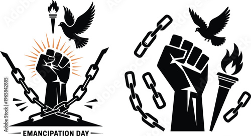 Emancipation Day Symbol Set Vector with Broken Chains, Freedom Fist, and Cultural Heritage Elements