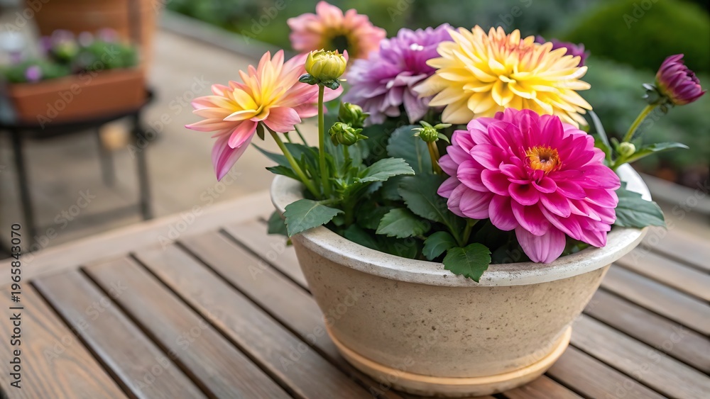 Fototapeta premium Colorful Dahlia Flowers in a Pot on a Wooden Table floral bloom