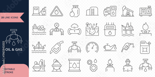 Oil and Gas web icons in line style. Fuel, gas station, refinery, petroleum, oil well, gas pump, energy, barrel, industry, transportation, collection. Vector illustration.