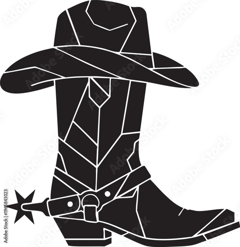 Black cowboy boot with hat and spur