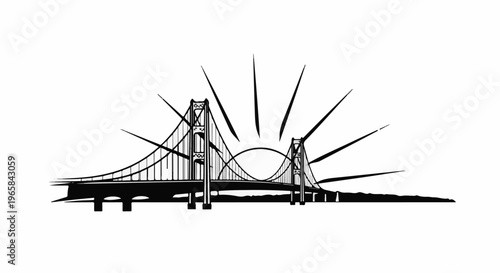 A stylized, black and white depiction of a suspension bridge with sunburst rays