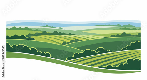 Rolling green hills with striped fields under a hazy blue sky