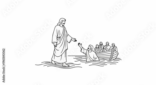 Religious figure walking on water extends hand to drowning man in boat