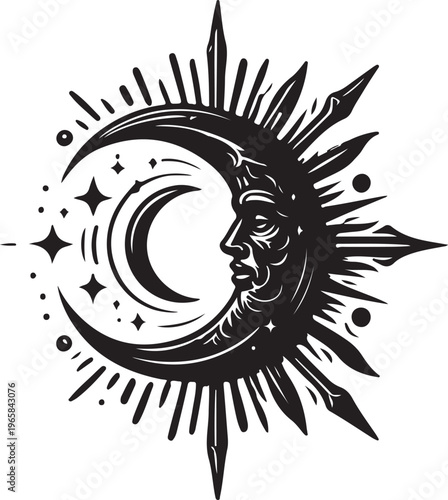 A mystical black and white illustration of a celestial crescent moon with a human face profile