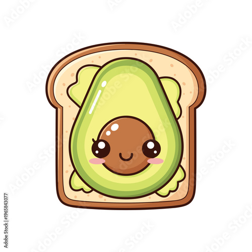 Cute avocado toast character with smiling face on bread slice  