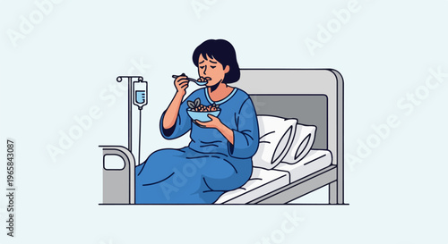 Person in hospital bed eating from bowl with IV drip nearby