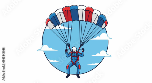 A person in a skydiver suit descends under a colorful parachute with clouds