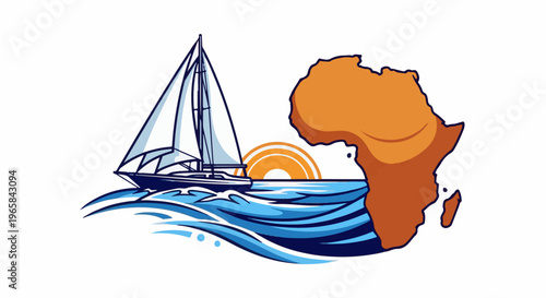 Sailboat on ocean waves near Africa map at sunset